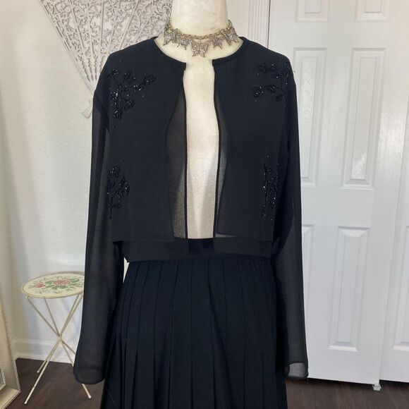 Vintage Whimsygoth Black Sheer Cropped Sequin Beaded Open Front Mesh Cardigan M - Picture 2 of 7